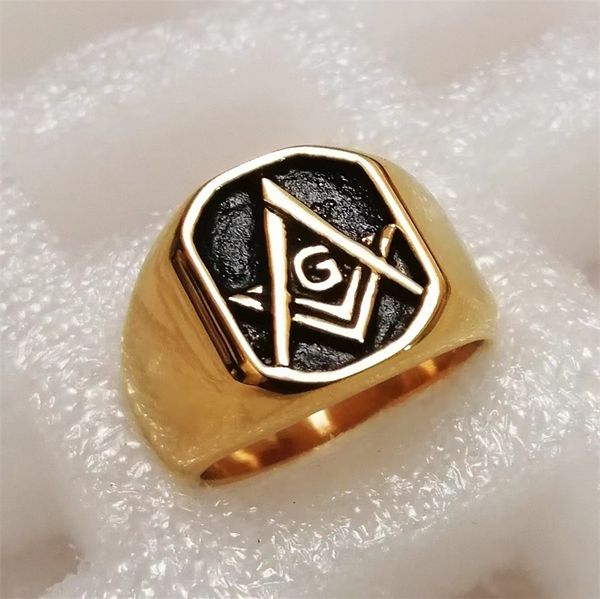 Anillo masónico de moda de acero inoxidable con sello masónico, brújula negra única para hombres y emblema cuadrado de Lodge, anillos de albañil, joyería