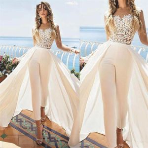 Robes de mariée combinaison unique avec train détachable cheville longueur bijou cou appliques tenue robe de mariée robes de surjupe en satin 223A