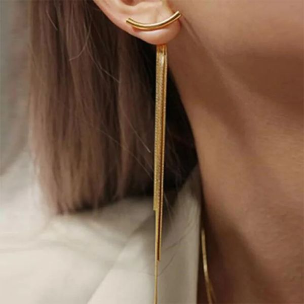 Unique coréen Vintage brillant Arc barre longue fil gland goutte 14k or jaune boucles d'oreilles pour femmes géométrique mode bijoux suspendus Pendientes