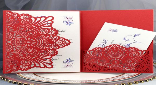 Tarjeta de invitación de boda única cortada con láser con bolsillo para tarjeta RSVP Invitación de despedida de soltera hueca roja Invitaciones a cenar con En9992187