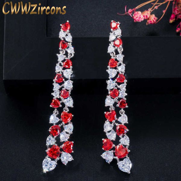Unique Love Heart Cut Ruby Red Cubic Zirconia Gemstone Silver Long Dangle Drop Boucles d'oreilles pour femmes Bijoux CZ607 210714