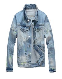 Vestes en jean peint pour hommes uniques Riseau de moto de street slim fit slim fit épaulet en jean bleu manteau 4222044119