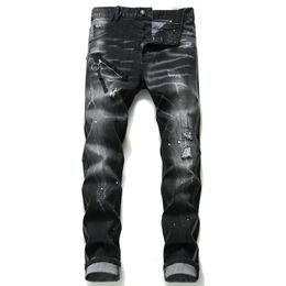 Unique Hommes En Détresse Badge Noir Skinny Jeans Créateur De Mode Slim Fit Lavé Moto Denim Pantalon Lambrissé Hip Hop Biker Trou309K