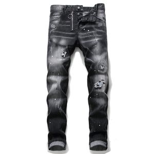Unieke heren noodlijdende badge zwarte skinny jeans modeontwerper slanke fit gewassen motocycle denim broek panelen hiphop biker broek 1056
