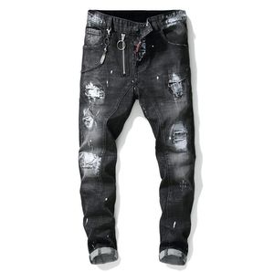 Unieke mannen geschilderde scheurende jeans stretch zwarte mode ontwerper slanke fit gewassen motocycle denim broek panelen heup hoptrousers 1012