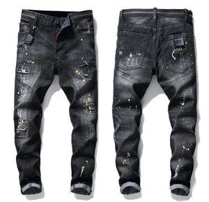 Unique hommes ruban lambrissé maigre noir jean mode Slim Fit lavé moto Denim pantalon patchs Hip Hop pantalon Xyrm