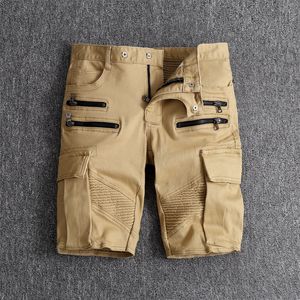 Unieke heren gescheurd Motocycle denim shorts jeans modeontwerper gekrast zipperzak retro grote size panelen korte jeans broek 28-40