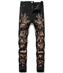 JEANS SIGNY GOLD MENS SIGNE SIGNE Black Jeans créateur de mode Doodle Slim Fit Moto Biker Hip Hop Denim Pantalons Streetwear 5649879093