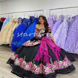 Vestidos de quinceañera negros mexicanos únicos con mangas de flores coloridas Vestido de quince cumpleaños Vestido De Xv Debutante Dulce 16 Vestido de fiesta Elegante vestido de fiesta 2024