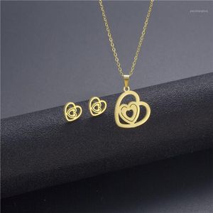 Unique Multiple Linked Heart Earrings Chain Necklace Set Vintage Jewelry Sets For Women Gold Color Wedding Brincos Collier Femme