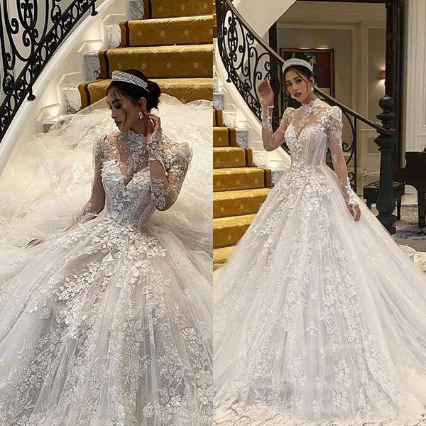 Unique Perles 3D Fleur Dentelle Col Haut Robes De Mariée Manches Longues Jardin Balayage Train Plus La Taille Robe De Mariée Robe De Noiva