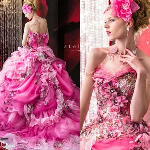 Robes de princesse rose uniques quinceanera, broderie de fleurs et de perles, douce 15, à volants à plusieurs niveaux, robes de bal appliquées