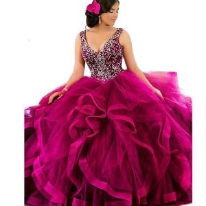 Unieke Quinceanera Jurken V-hals Baljurk Vestidos De 15 Anos Kant Applicaties Cascading Ruches Sweet 16 Jurk 326 326