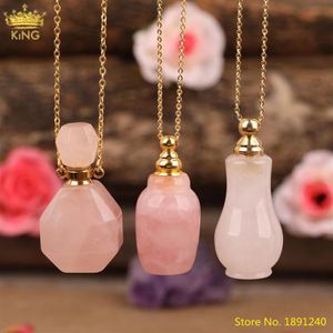 Unieke Rozen Kwarts Steen Parfumflesje Gouden Kettingen Ketting Voor Vrouwen Roze Kristal Diffuser Flacon Zomer Boho Sieraden Hele P315J