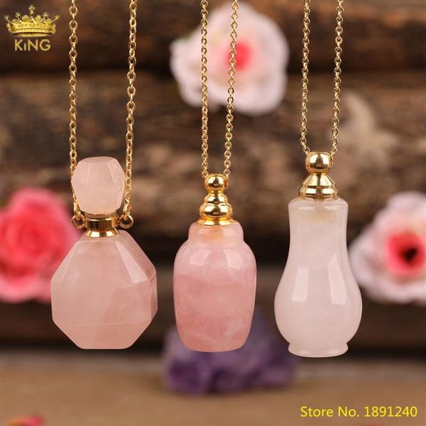 Bouteille de parfum en pierre de Quartz Roses uniques, chaînes en or, collier pour femmes, diffuseur de cristal rose, flacon d'été, bijoux Boho entiers P2886