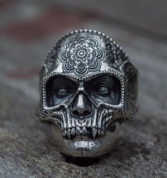 Bague Unique en acier inoxydable 316L, couleur argent, crâne de sucre lourd, fleur de Mandala pour hommes, bijoux de motard Santa Muerte 8022763