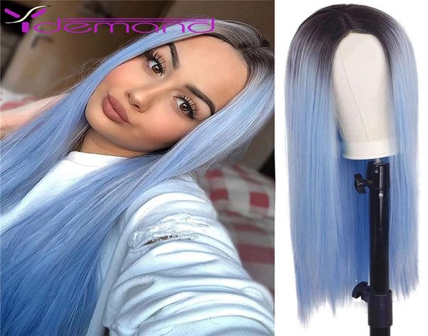 Peluca de Cosplay de estilo único, peluca de pelo liso largo sintético negro azul claro de 24 pulgadas para niñas de Halloween 7403560