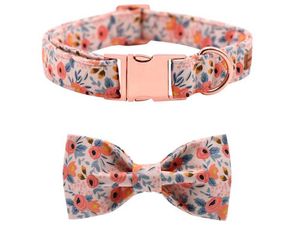 Unieke stijl Paws Dog Collar Pink Rose Flower Print Cotton Fabric Dog Collar and Bow 210712