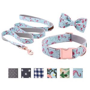 Unique Style Paws Dog of Cat Collar of Leash Set Pink Flamingo met pure katoenen bogen voor huisdieren 210712