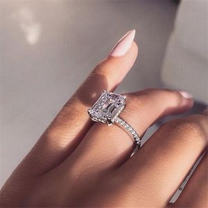 Unieke topverkoop luxe sieraden echt 925 sterling zilver Princess Cut Solitaire White Topaz CZ Diamond Gemstones Women Wedding Band Ring Gift