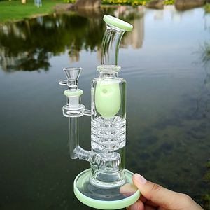 Unique Torus Pomme de Douche Percolateur Verre Bécher Bongs Bleu Vert Cliquet Perc Huile Dab Rigs Inline Bong Baril Perc Tuyaux D'eau