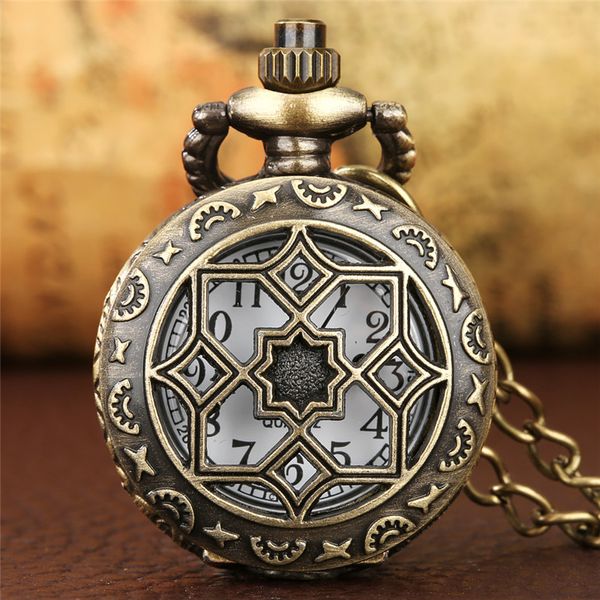 Montres uniques Antique boîtier évidé hommes femmes Bronze montre de poche à Quartz chiffre arabe affichage horloge Fob collier chaîne cadeau