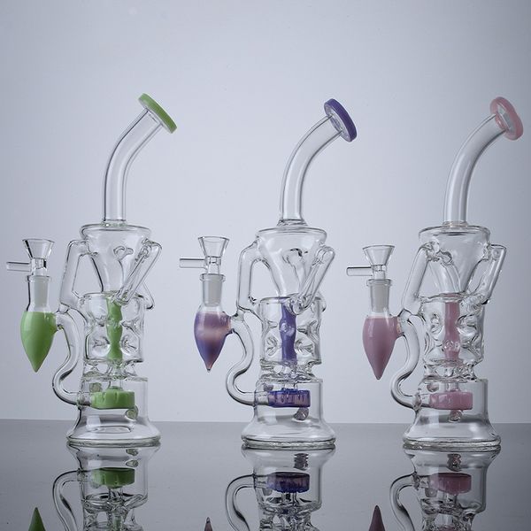 Zebra Unique Water Pipes Turbine Perc 10 pulgadas Hookahs Fab Egg 14 mm Junta hembra Doble reciclador Bongs de vidrio 4 mm de espesor Verde Púrpura Rosa Aceite Dab Rigs