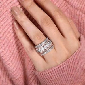 Anillos de boda únicos Joyería de lujo Plata de ley 925 Relleno de oro rosa Corte ovalado Topacio blanco CZ Diamante Piedras preciosas Mujeres Compromiso Conjunto de anillos nupciales