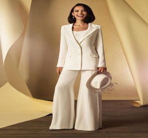 Blancs blancs de mariage robes de mariage Bridal Mother of the Bride Groom Pant Suits avec veste longue veste de Fiesta Evening Par8325510