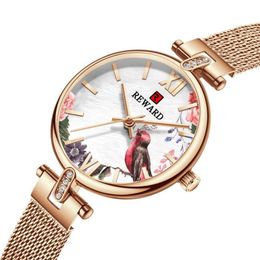 Modèle imprimé unique REWARD Montre à quartz pour femme Montres flagrantes Fleurs et oiseaux Cadran Femmes Style INS Verre minéral brillant M2222