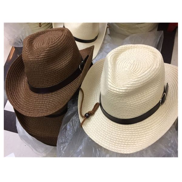 Unise enfants Cowboy paille Sunhat avec ceinture en cuir enfants Jazz chapeaux Cowgirl réglable mentonnière casquettes pour garçon et fille
