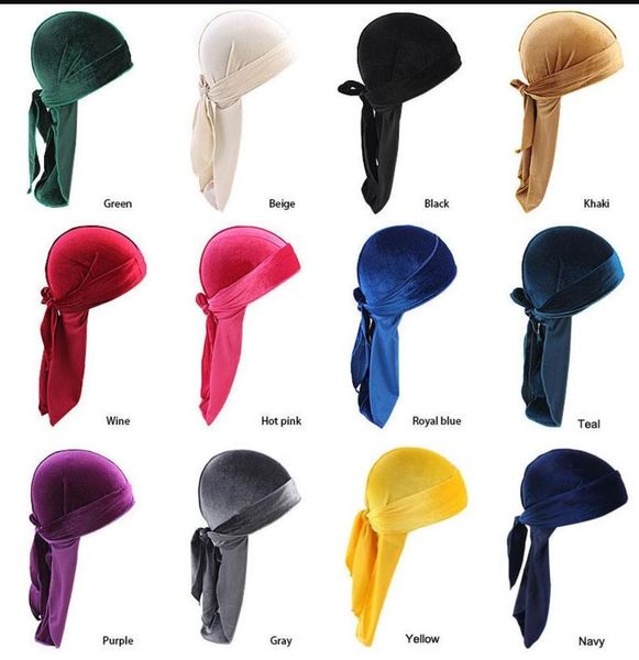 Chapeau Turban en velours unisexe, 12 couleurs, casquettes de Pirate, perruques Durag, couvre-chef de motard, bandeau, chapeau de Pirate, accessoires pour cheveux