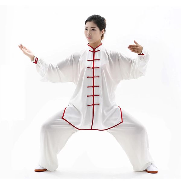 Unisexe 15 Colormartial Arts Set Man Femmes Long Manche à manches longues Collier Collier Uniform Suit Kungfu Wushu Set Silk Tai Chi vêtements