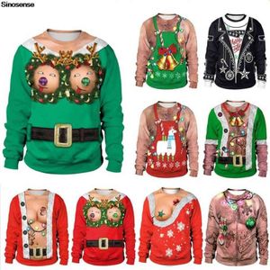 Unisex 3D divertido impreso feo suéter de Navidad pareja manga larga fiesta sudadera hombres mujeres Reno Navidad puentes Tops Y1118