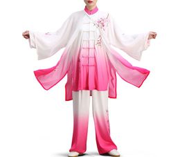 Unisexe 3PCS / Set Tai Chi Uniforms Taijiquan Costumes Veil broderie Lotus Wushu Arts martiaux Gradient Green / Rose
