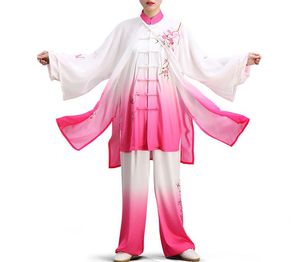 Unisex 3pcs/set Tai Chi Uniforms Taijiquan se adapta al velo bordado lotus wushu artes marciales ropa degradado verde/rosa
