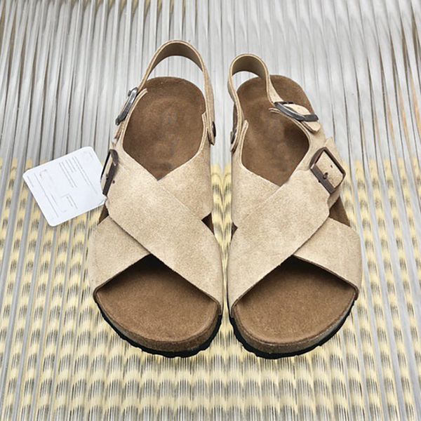 Sandales de plage unisexes en cuir mat avec boucle carrée couples pantoufles polyvalentes rétro hommes chaussures à fond plat bout ouvert femmes chaussures Tailles 35-44 + boîte