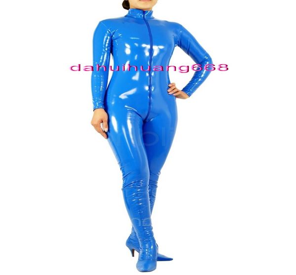 Disfraces de traje de cuerpo de PVC azul unisex Nuevo traje de PVC azul brillante Disfraces de traje de gato Traje de leotardo de PVC sexy unisex Disfraces delanteros largos Z4794752