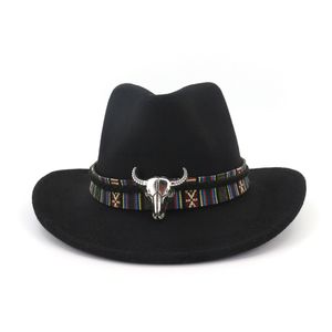 Unisex Carnaval Cowboy Fashion Hat Roll Bravel Wol Vilt Fedora Mens Dames Western Hats Metalen Bullhead Versierd Trilby