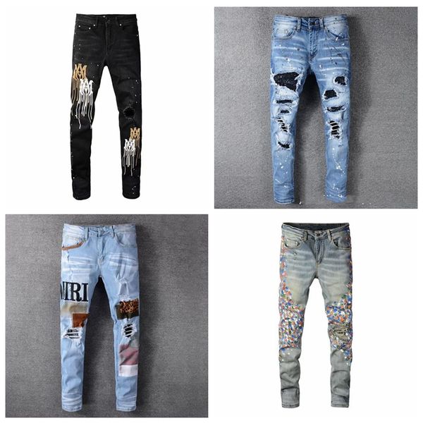 Vêtements unisexe jeans bleu marine vaqueros hot montana panthère imprimé vert armée longue en détresse coton lapin autocollant broderie Slim Denim Straight Biker