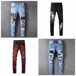 Abbigliamento unisex jeans blu scuro vaqueros montana Stampa pantera Verde militare Lungo cotone effetto consumato Adesivo ricamo Denim sottile 2228