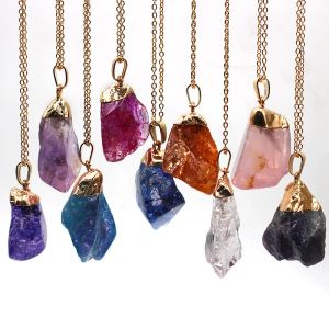 Unisex kleurrijke natuursteen hanglagers kettingen kristal ruwe steen ketting juwelen accessoires voor mannen vrouwen in bulk