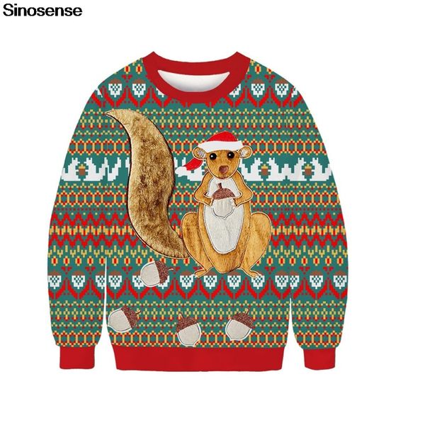 Suéteres para hombres Parejas unisex Ugly Christmas Xmas Cuello redondo Sudadera con capucha 3D Funny Squirrel Printed Holiday Jumpers