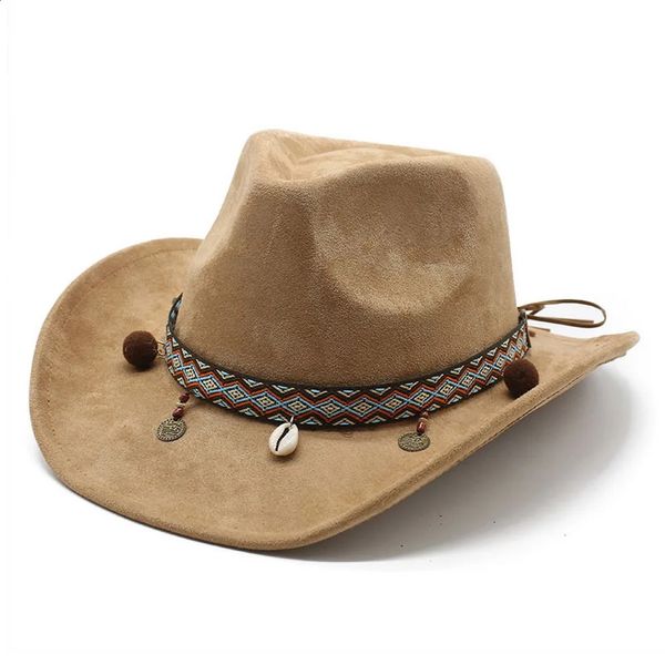 Chapeaux de cowboy unisexes Casquettes occidentales pour femmes et hommes Daim 5758cm Coquilles décoratives Sangles tressées Design rétro Style Jazz NZ0125 240311