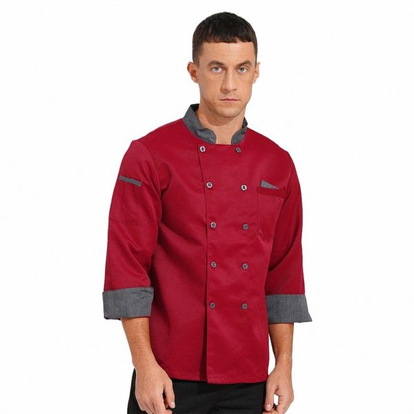 Unisex de doble botonadura Chef Chaqueta Abrigo para hombre para mujer Stand Collar Uniforme de cocina Tops Traje de camarero Restaurante Hotel Cocina L6BU #