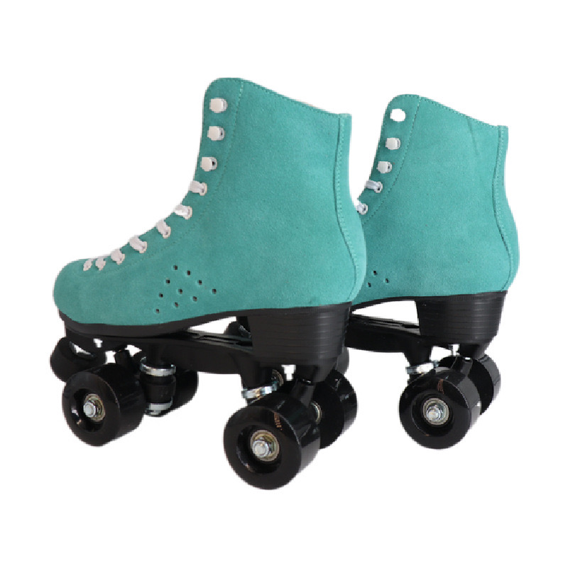 Unisex Double Line Roller Skate Sport Gears, Green Cowhide Suede, Skating Patines, Quad States, Men and Women