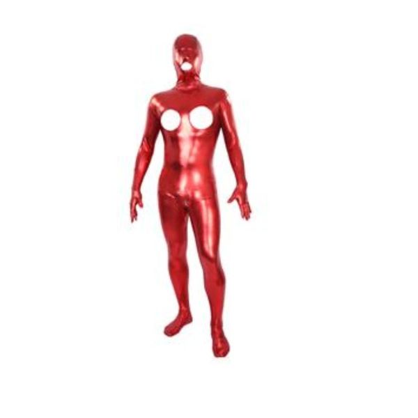 Déguisements unisexes Costumes de catsuit métalliques brillants Noir Full Hood lycar Spandex Zentai Body Party club costumes de scène bouche ouverte et trous de buste