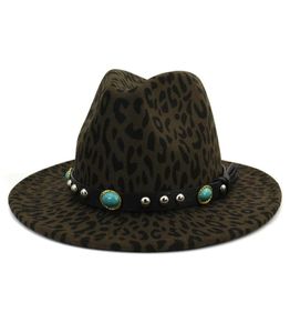 Unisexe Fashion Européen Style Womens Wool Fedora Chapeaux avec Turquoise Leather Band Wide Brim Leopard Print Jazz Felt Hat4431736