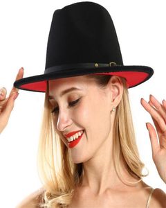 Unisex platte rand wolvilt fedora hoeden met riem rood zwart patchwork jazz formele hoed panama cap trilby chapeau voor heren dames3196937