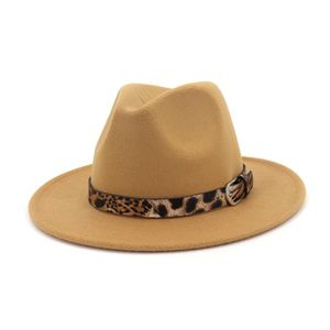 Unisex platte wolvilt brede rand Jazz Fedora hoed voor mannen vrouwen luipaardnerf leer versierd effen vilten wollen vulkaanhoeden248T
